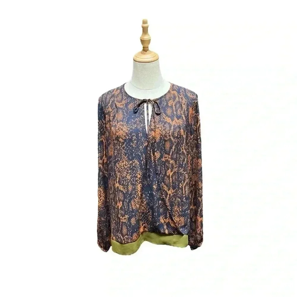 Cabi Python Print Border Wrap Blouse Navy Rust Ol… - image 2